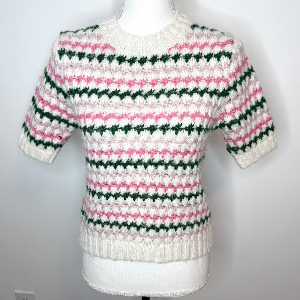 ZARA Crochet Knit Cropped Pastel Short Sleeve Sweater In Cream Pink Size Small